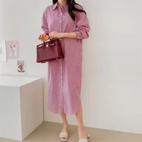 womens v neck long sleeved pink striped slit cotton and linen series casual loose and comfortable long skirt