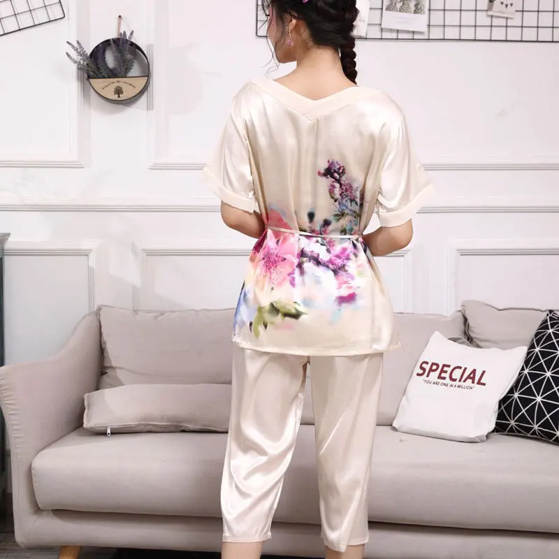 Summer Casual Short Sleeve Nightwear 2Pcs Suit Silk Plus Size Style Peacock Women's Pajamas Sets Home Wear Sleepwear Loungewear