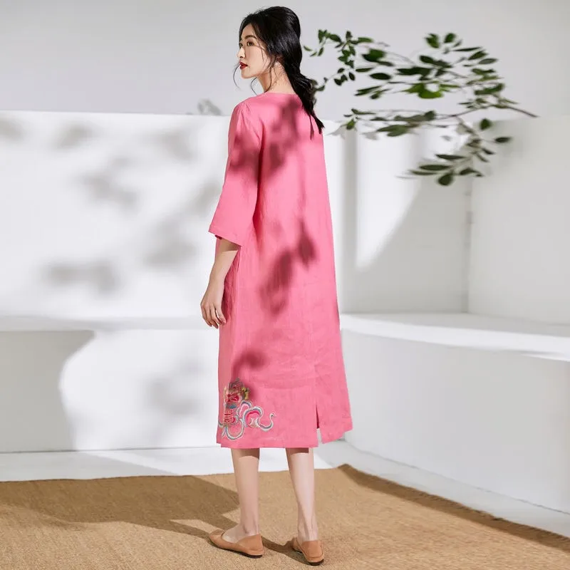 

High Quality Cotton Linen Long Dress New 2020 Autumn Vintage Floral Embroidery Women Loose Casual Dresses Plus Size P1350