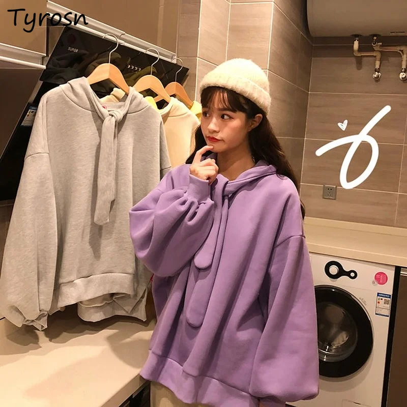 

Solid With Hat Hoodies Women Bow Lovely Tender Ulzzang Daily Thicken Pullover Hooded Sweet Lantern Sleeve Warm All-match Femme