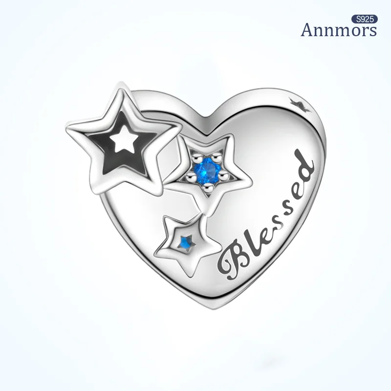 

Heart Pendant Blue Zircon Star Blessing Engraving Silver Plating Fits Pandora Original Bracelet Charms Woman Jewelry Make