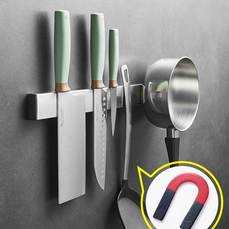 

30/40/50cm 304 Stainless Steel Wall Mounted Magnetic Knife Strip Bar Rack No Drilling Knives Holder Kitchen Tools Organizer
