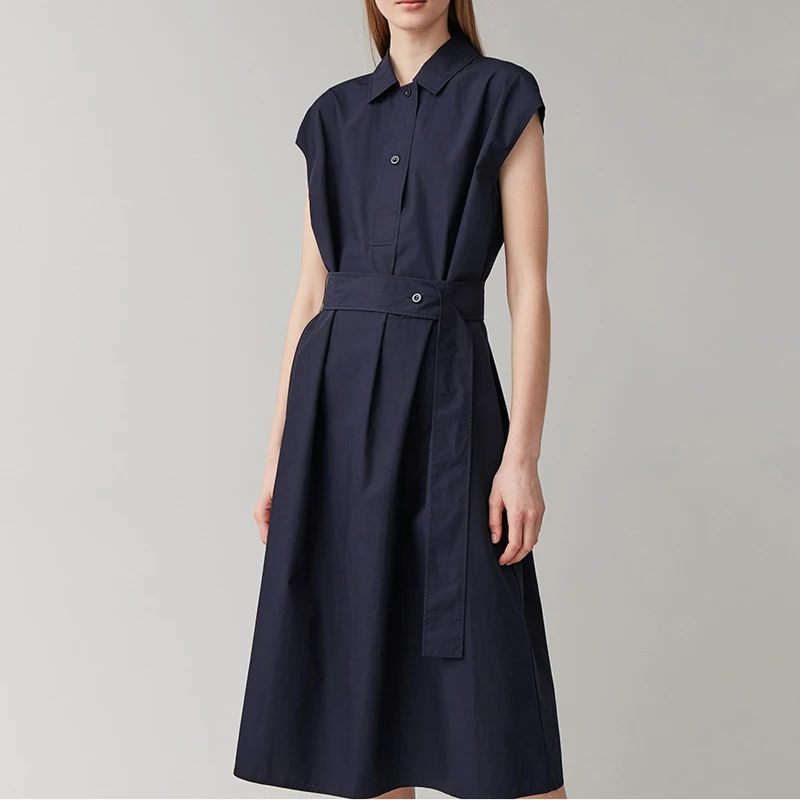 

Johnature Summer New Fashion OL Turn-down Collar Women Dresses 2021 Casual Solor Loose Sashes Simple Female Dress