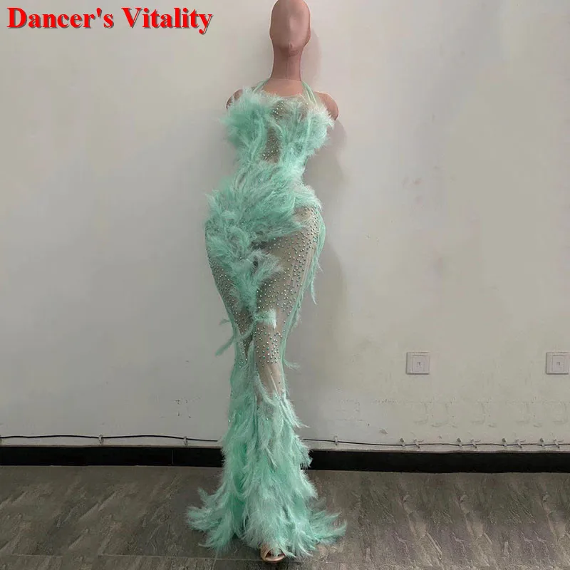 

Зеленое перо Rhinestone Mesh Dress Женские костюмы для выступлений Сценические костюмы для певцов Длинное платье для женщин День рождения