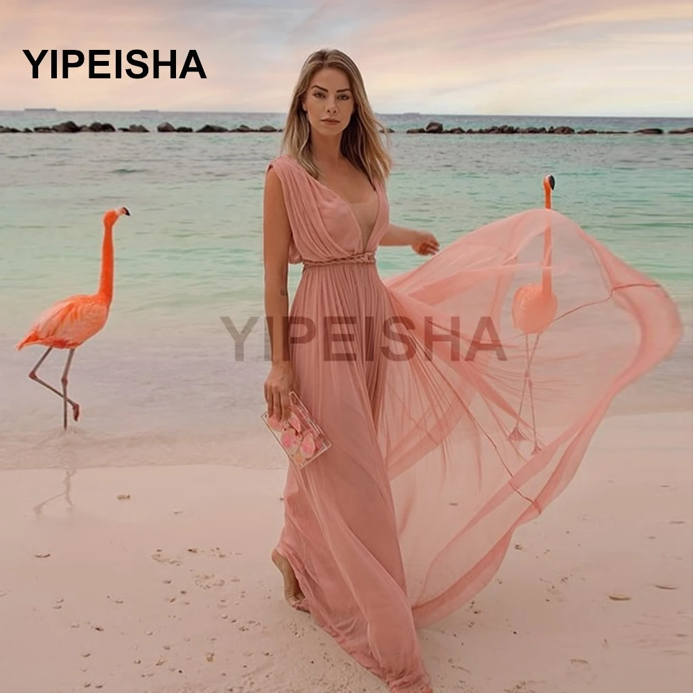 

New 2021 Orange A Line Long Evening Dresses Deep V Neck Lace Prom Gowns Elegant Long Formal Party Dress