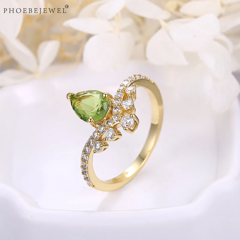 Женское кольцо золотистого цвета PHOEBEJEWEL с зеленым кубическим цирконием AAA
