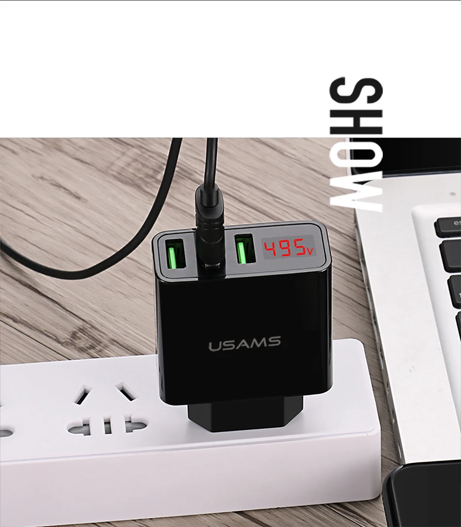 USAMS, 3 порта, USB зарядное устройство для телефона, светодиодный дисплей, штепсельная вилка европейского стандарта, всего макс., 3 А, умное быстрое зарядное устройство, мобильное настенное зарядное устройство для iPhone, iPad, samsung