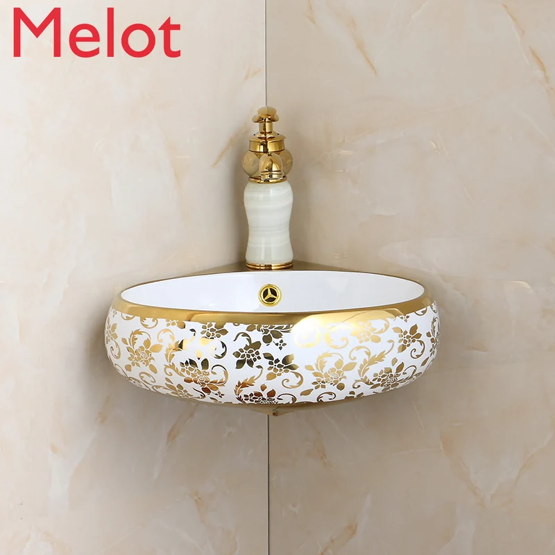 

European Style Gold Mini Ceramic Wall-Mounted Washbasin Small Apartment Bathroom Corner Basin Small Wash Basin Triangle