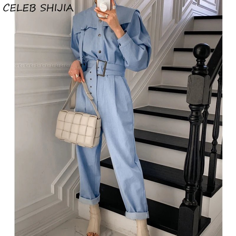 

SHIJIA Vintage Jumpsuits Woman Single-breasted Light Blue Elegant Jumpsuit Female Korean Chic Apricot Business Overalls Fashion