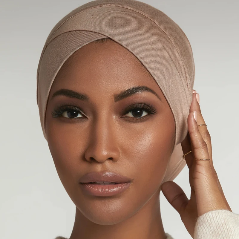 2023 New Jersey Cotton Earhole Underscarf Cap Elastic Muslim Inner Hijab Caps Cross Forehead Female Headscarf Turban Bonnet