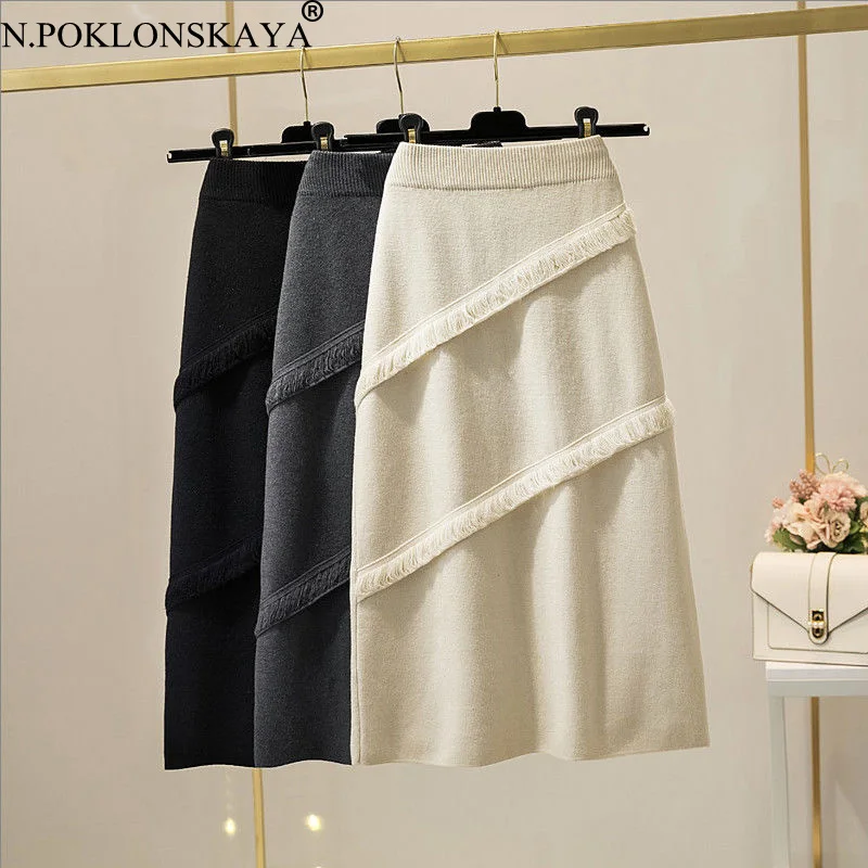 

Autumn Winter High Waist Knitted Midi Skirts Women Tassel Patchwork A Line Slit Wool Skirt Korean Fashion Slim Casual Bottoms