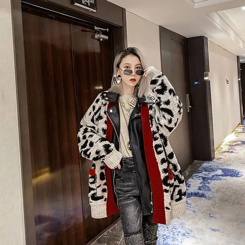 Bella philosophy 2020 autumn Winter Fashion Women Leopard Knitted sweater lady casual Leather Jacket Female Loose Cardigan Coat |