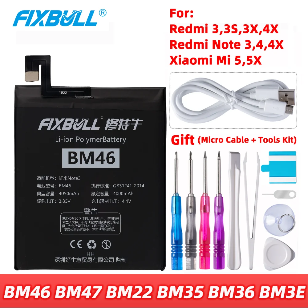 Аккумулятор FIXBULL BM46 BM47 BM22 BM35 BM36 BM3E для Xiaomi Redmi 3 3S 3X 4X Note 3 Note3 Mi 5 4C 5S 8 Mi5 Mi8, сменный аккумулятор