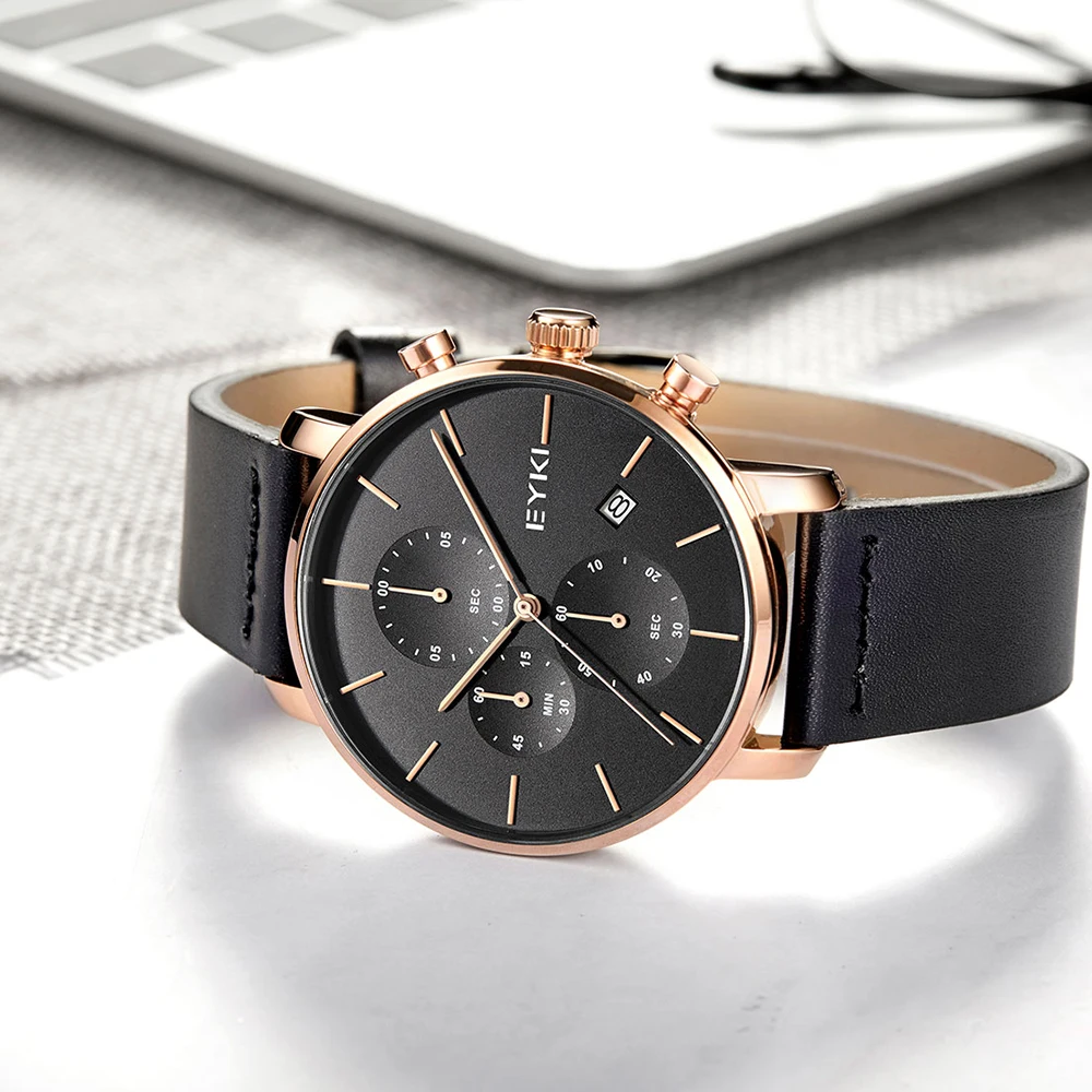 EYKI мужские часы с календарем кожаный ремешок ультратонкие водонепроницаемые