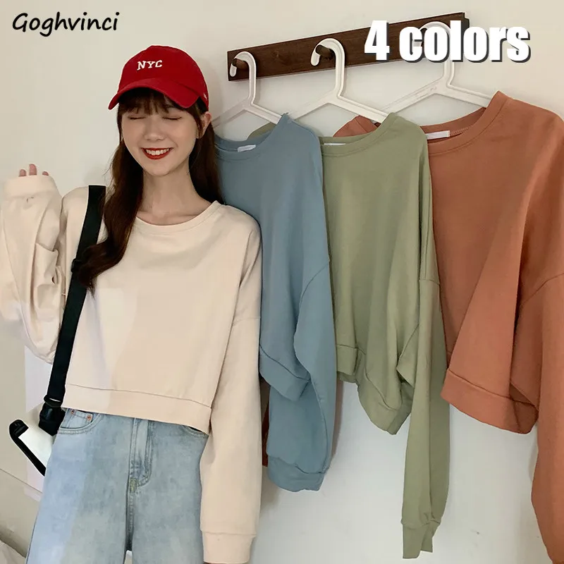 

Hoodies Sweatshirts Women Crop Top Batwing-sleeve Chic Solid Retro Ulzzang All-match Candy Color Elegant Fashion Autumn Tops New