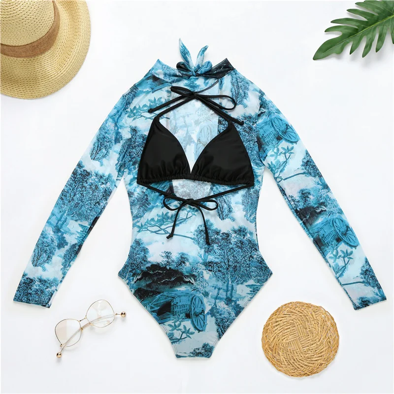 

In The Wind 2021 New Fashion Trend Women Summer Two Piece Swimsuits Sets Mock Neck Long Sleeve Printed Mesh Bodysuit