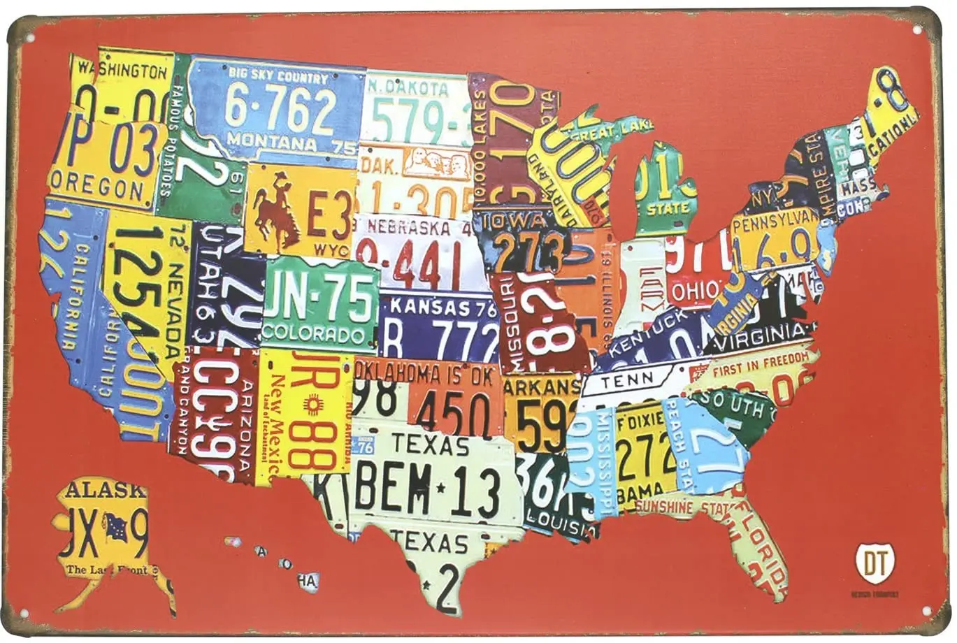 

ARTCLUB Red USA Map Road 66 License Plate Metal Tin Sign, Vintage Plaque Poster Garage Bar Home Wall Decor