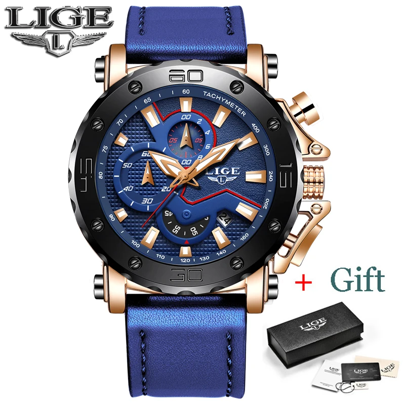 Reloj Hombre 2019 модные синие кожаные часы LIGE мужские s лучший бренд класса люкс