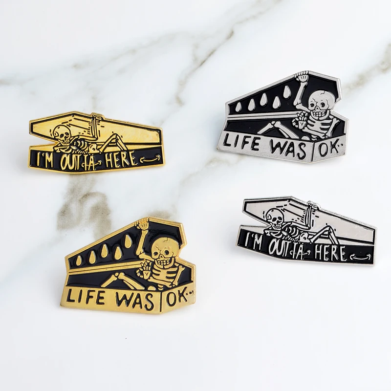 

LIFE WAS OK Skeleton in coffin Brooch dark humor pin Denim Jackets Pin Buckle Shirt Badge Fashion Gift for Friend