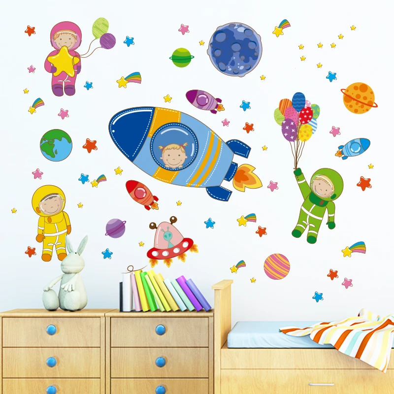 

[SHIJUEHEZI] Cartoon Astronauts Outer Space Planets Wall Stickers DIY Children Stickers for Kids Rooms Baby Bedroom Decoration