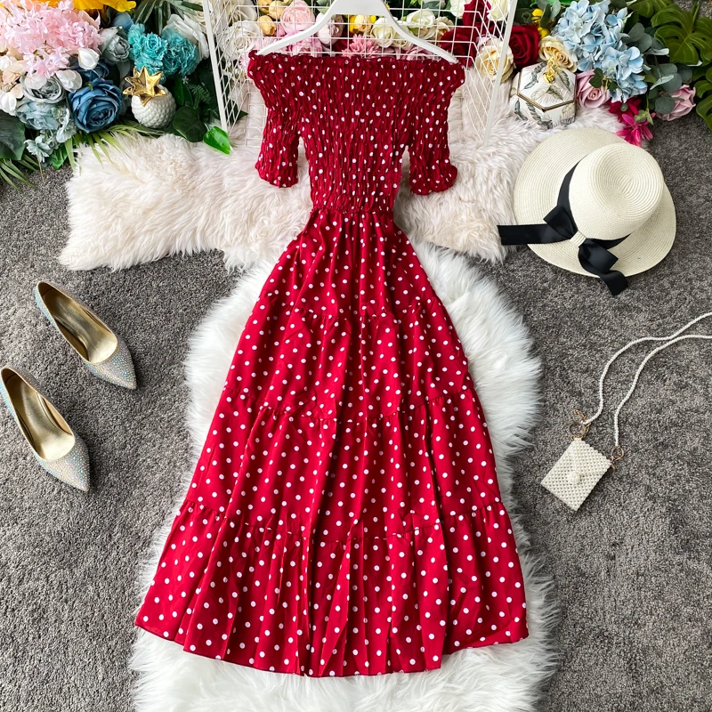 

2020 Ins Stretch Long Drseses Polka Dot Off Shoulder Sexy Women Dress Spring Summer Beach Style Vestidos Slim