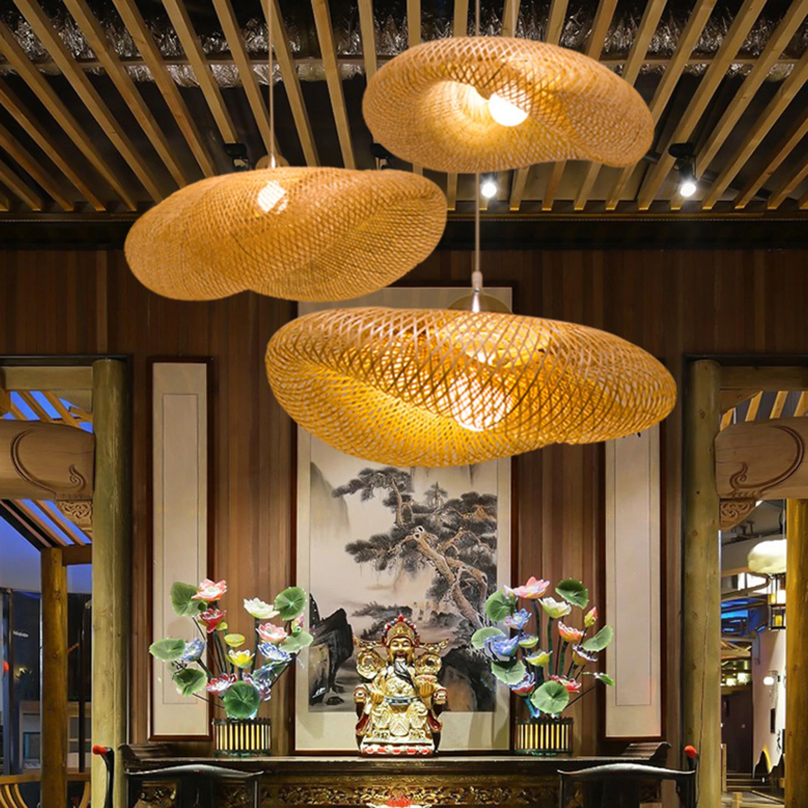 

Retro Bamboo Weaving Chandelier Lamp Hanging LED Ceiling Lamp Droplight Fixtures for Restaurant Living Room Bedroom Decoration