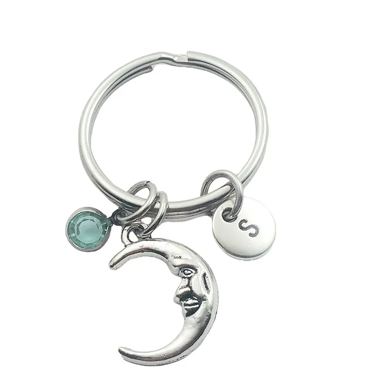 

New Moon Initial Letter Monogram Birthstone Keychains Keyring Creative Fashion Jewelry Women Gifts Accessories Pendant