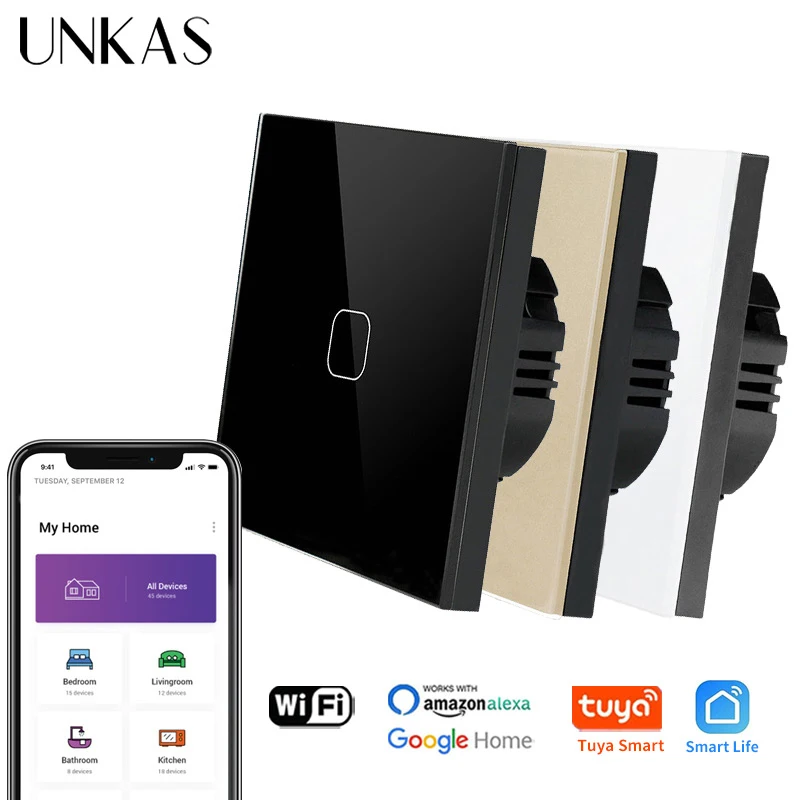 UNKAS Tuya Smart Life Стекло Панель EU/UK Стандартный сенсорный переключатель нулевой/один