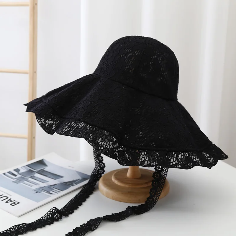 2021Bob Panama Bucket Hat Summer Beach Outdoor Lace Fisherman Hat Big Brim Sweet Traveling Sunshade Windproof Rope
