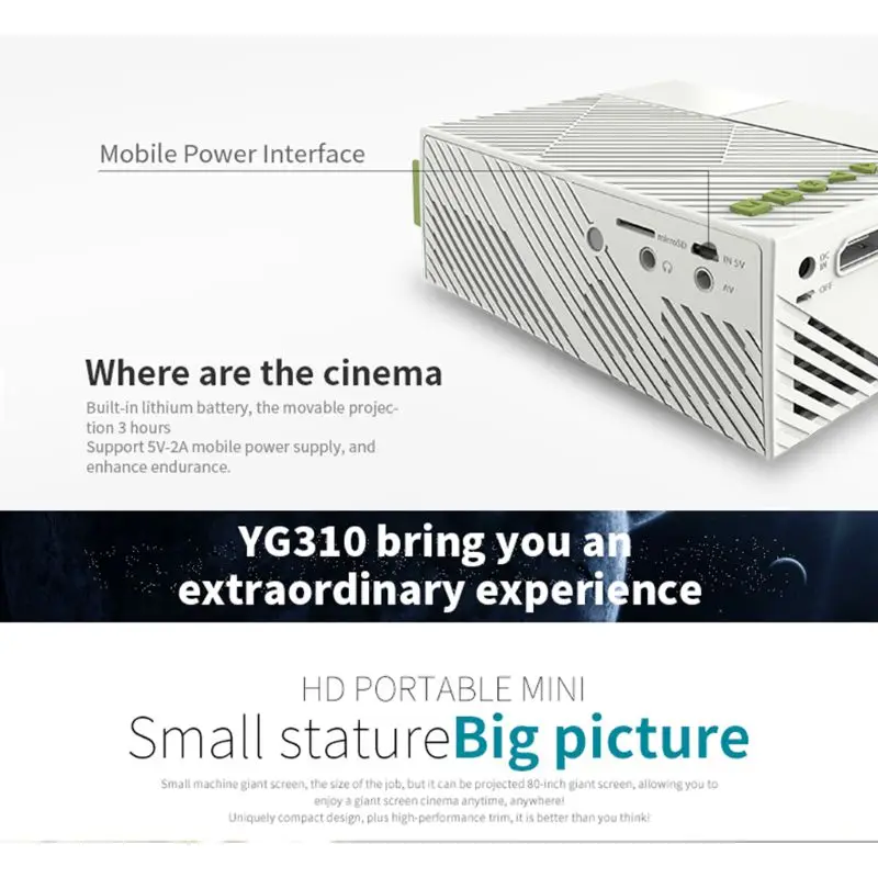Мини-портативный проектор YG310 домашний кинотеатр 1080P высокой четкости светодиодный свет поддержка AV TF Card U Disk DVD Function on.