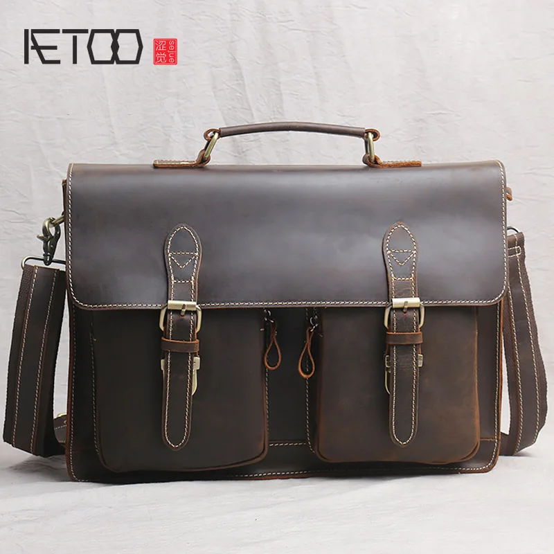 

AETOO Men's vintage leather handbags, crazy horse leather briefcases, computer bags, first-layer leather handmade messenger bags