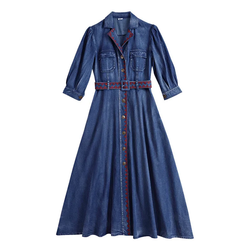 

Spring Dress Woman Long Maxi Blue Vintage Denim Dresses Casual Solid Embroidery Sashes Cotton Women Clothes Robe Longue Sukienki