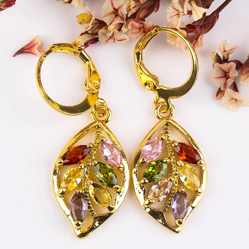 

Fashion Gold Color Leaves Earring For Women Exquisite With Colored Stones Earrings For Female Wedding Band Gift