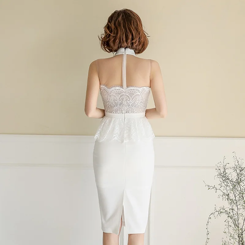 

New Fashion White Lace Dress for women Summer wear Sleeveless Stand polyester Summer Ladies Elegant Korea Office Bodycon Dresses