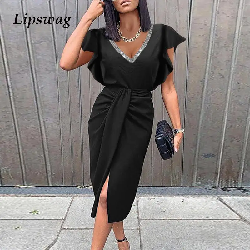 

Женское офисное однотонное черное облегающее длинное платье, весна-лето 2022, плиссированные платья, женское сексуальное праздничное платье ...