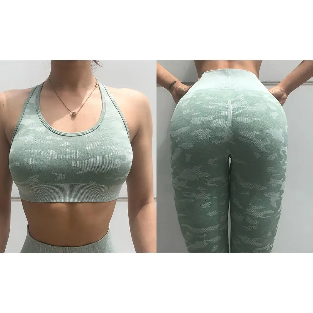 Green Set 2 шт., камуфляжный комплект для йоги, спортивная одежда для женщин, одежда для спортзала, фитнеса, попа, Леггинсы для йоги, спортивный бюстгальтер, спортивный костюм для спортзала, Femme - Цвет: Green Set