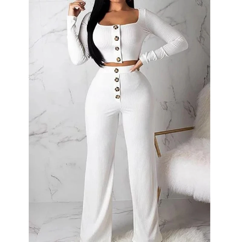 

Two Piece Set Buttons Knitted Rib Women Casual Long Sleeve Cardigan Crop Tops+High Waist Wide Leg Long Pants Knitted Tracksuit