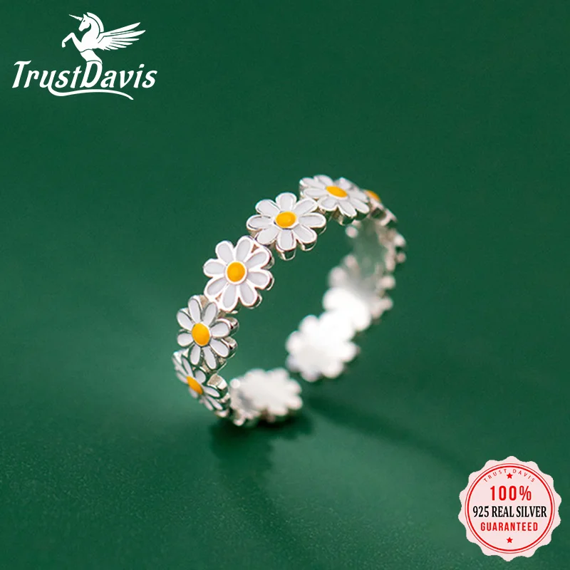 Женское кольцо с цветком маргаритки TrustDavis открытое из настоящего серебра 925