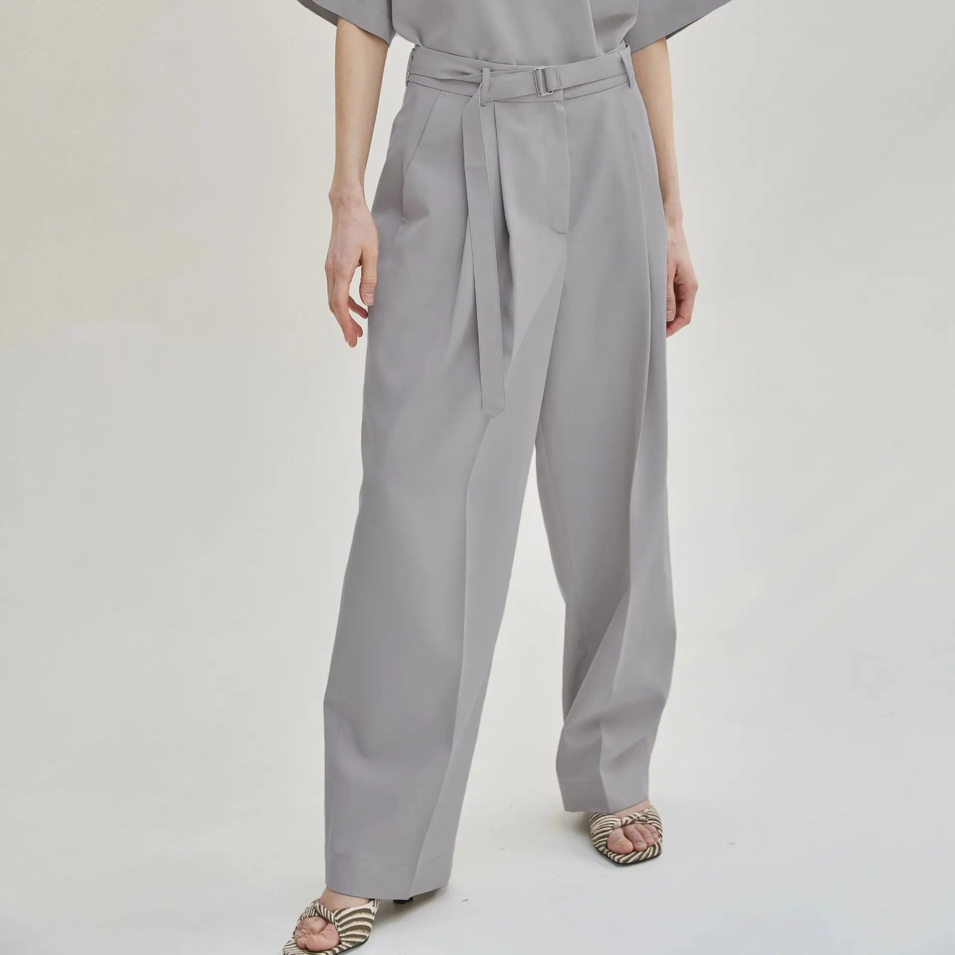 

Blue and Grey Colors Casual Pants with Belt Button Pleated Zipper Loose and Simple Summer 2021 Women Long Mopping Wide-leg Pants
