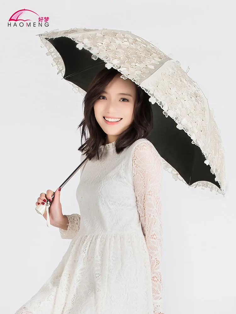 Складной зонт от солнца для женщин прозрачный из ткани с УФ-вышивкой кружевные