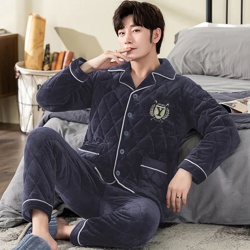 Sleeping Suit for Men Button Up Pajama Set Turn Down Collar Plus Size Pajamas Flannel Thicken Winter Warm Sleepwear Homewear