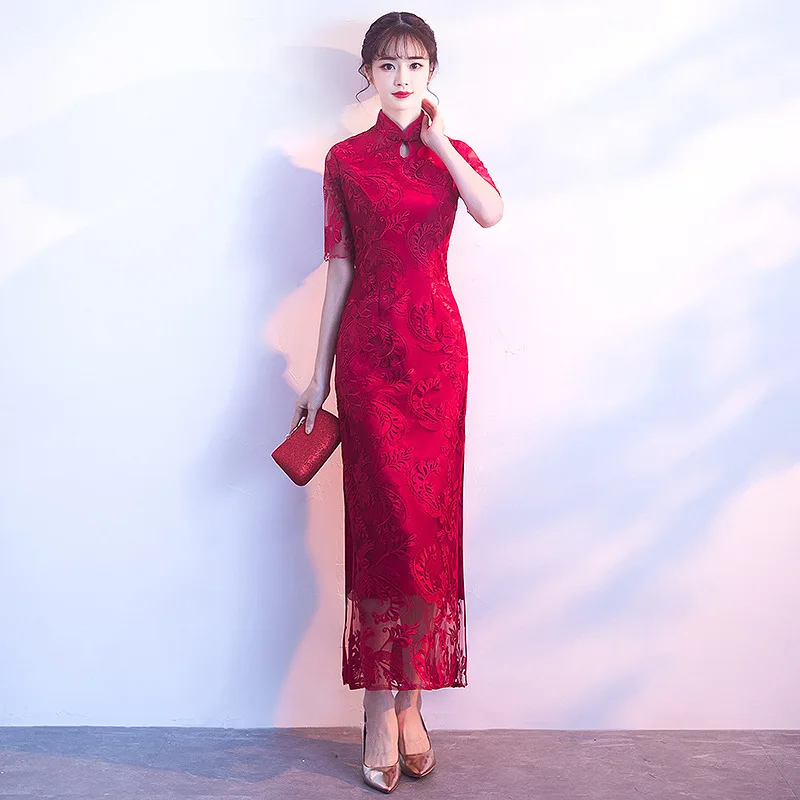 

Винтажная Улучшенная элегантная длинная обтягивающая кружевная одежда в китайском стиле, бордового цвета, Чонсам с вышивкой