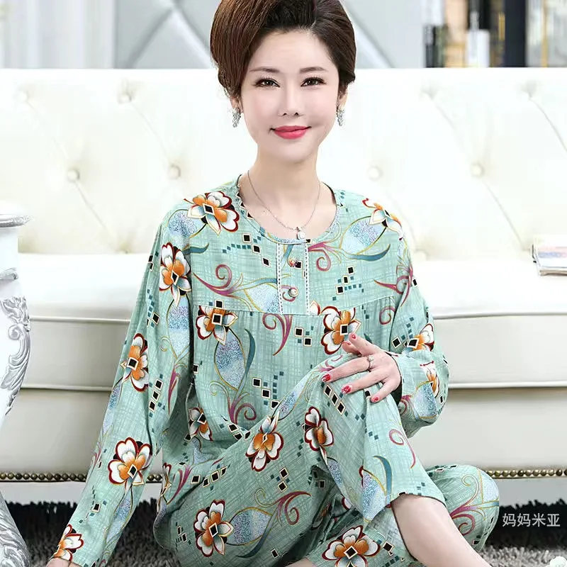Fdfklak Middle Aged Mother Pajamas Set New Print Spring Autumn Trousers Women's Home Clothes Plus Size Cotton Sleepwear Suit 5XL