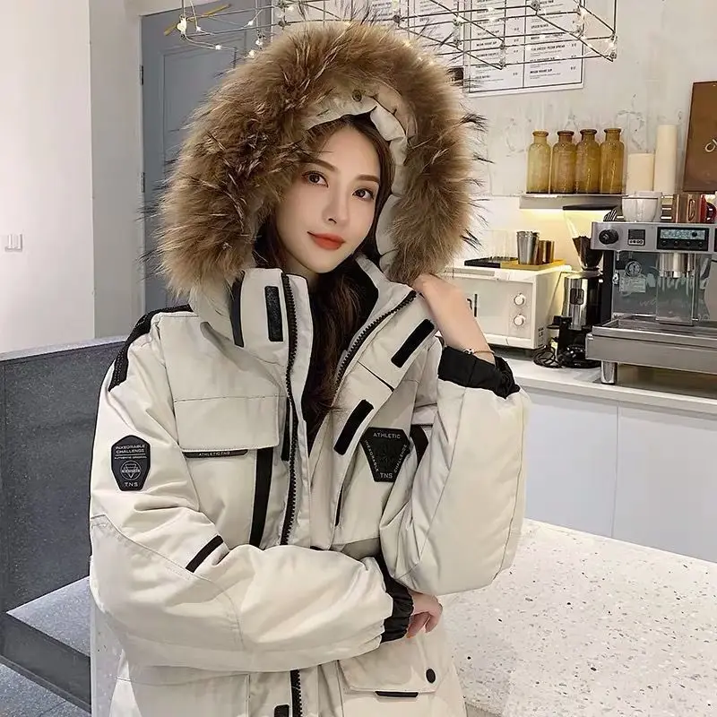 

Fashion Hooded Real Fur Collar Down Jacket Men And Women The Same Thick Winter Outdoor Snow Coat Couple Tooling Oversized Jacket