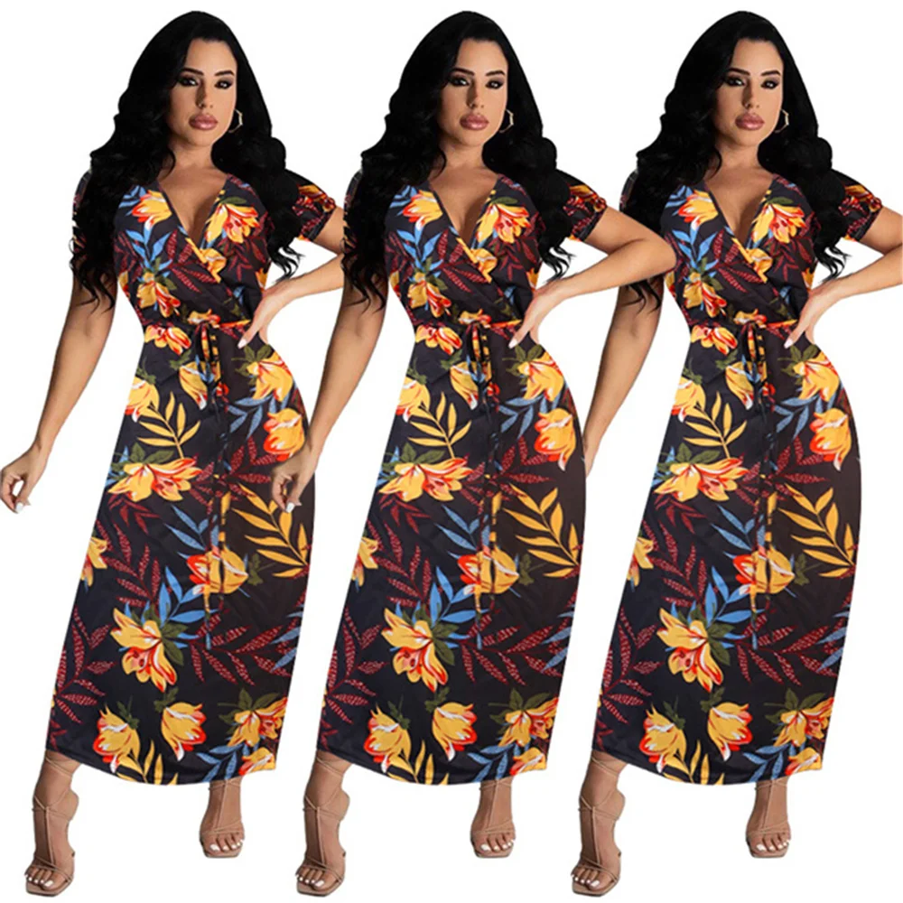 

RStylish 2021 Summer Floral Printed V Neck Short Sleeve Midi Dress Women's Bohemian Party Sundress Casual Lace-Up Beach Dresses
