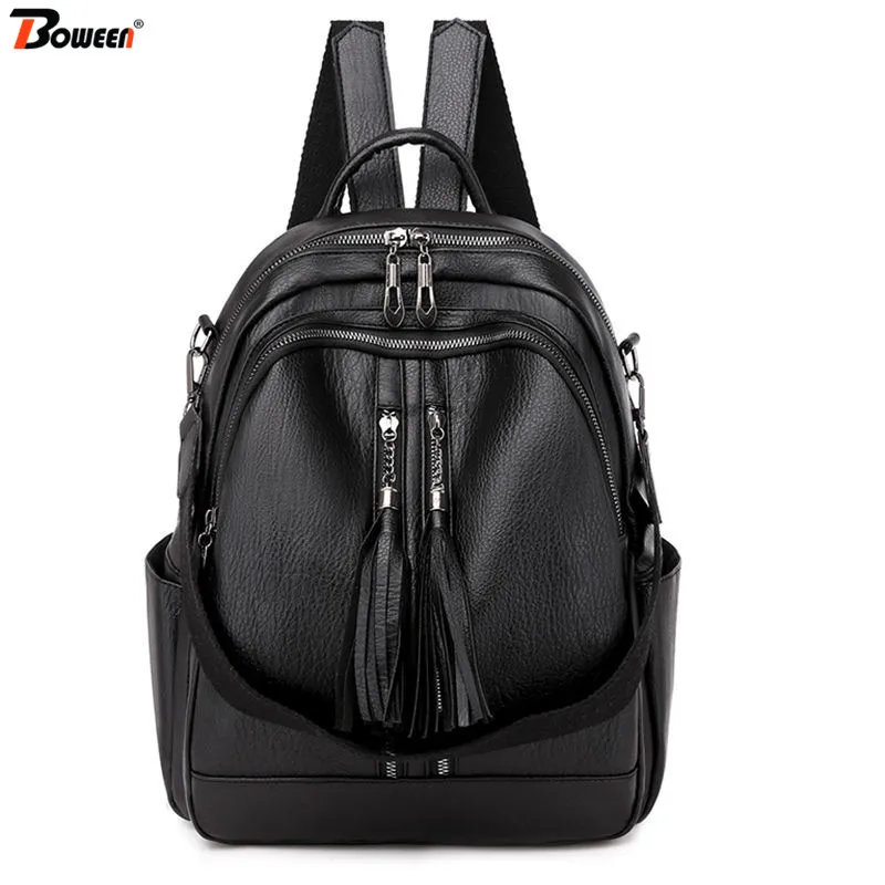 Женский рюкзак из мягкой искусственной кожи маленький черный с кисточками и