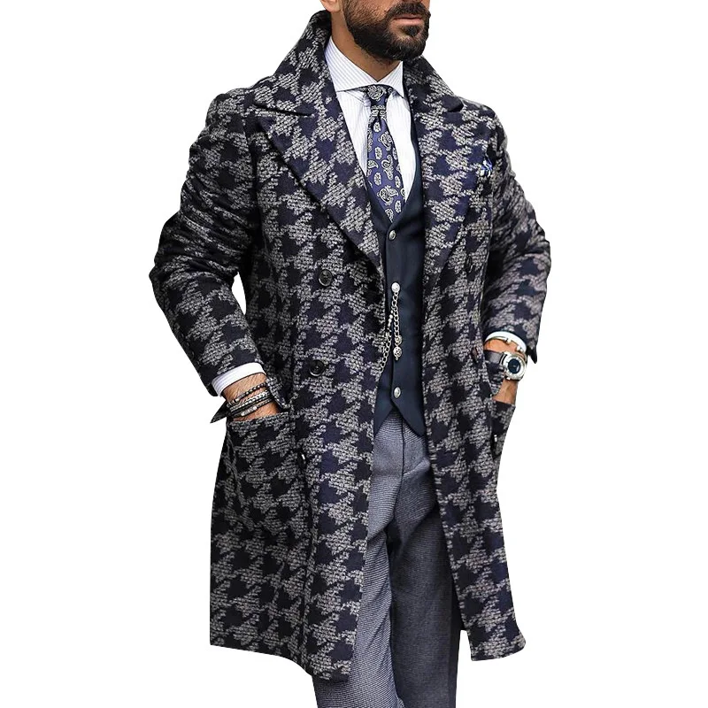 

Autumn / Winter Men Luxury Clothing New Fashion Polyester Mid-Length Suit Lapel Printing Plaid Business Casual Long Coats Full