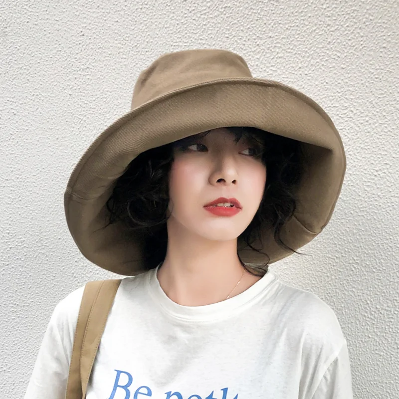 

2020 Summer Women Cotton Sunscreen Large Wide Brim Sun Hats Foldable Anti-UV Solid color Beach hat Female Bucket Hat