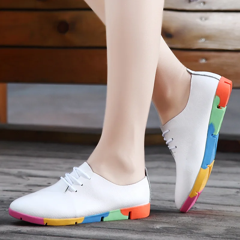 New White Shoe Leather Strap Female Flat Shoes Pointed Deep Soft Bottom Shoes Casual The Spring and Autumn Student Low Oxfords