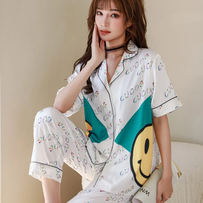 Повседневная Пижама с принтом женская одежда для отдыха атласная сна комплект из